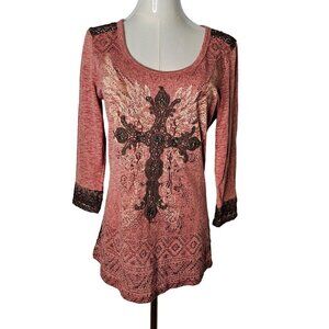 Miss Me Medium Knit Top Embroidered Rhinestone Cross Boho Hippie Whimsigoth
